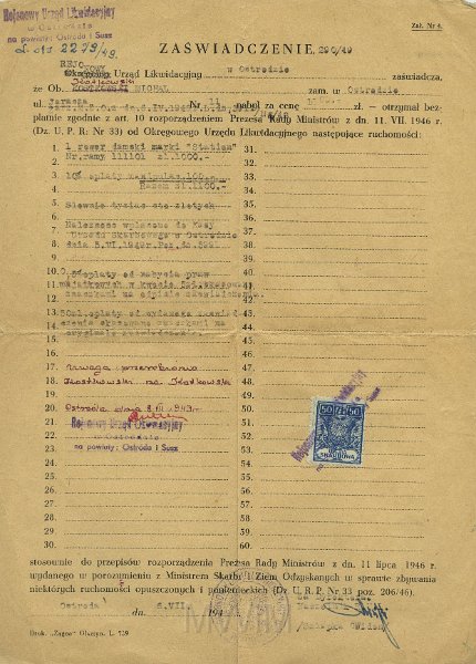 KKE 5306.jpg - Dok. Zaświadczenie z PUR-u dla Michała Katkowskiego potwierdzające przynależność rzeczy przywiezionych w wyniku akcji repatriacyjnej, Ostróda, 6 VII 1949 r.